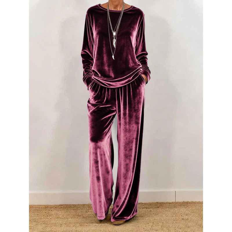 Women Velvet Loungewear Set with Wide Leg, Elastic Waistband and Round Neckline Mune Fashion