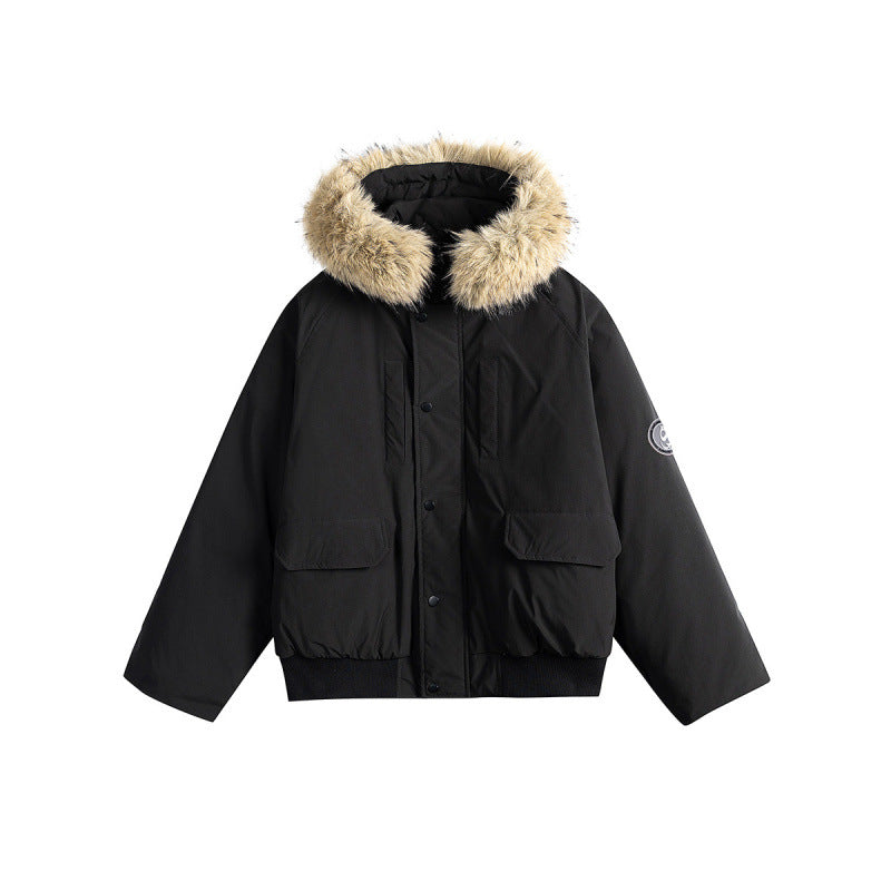 Women's short bomber jacket with thermal padding, hood with removable faux fur and utility pockets Mune Fashion