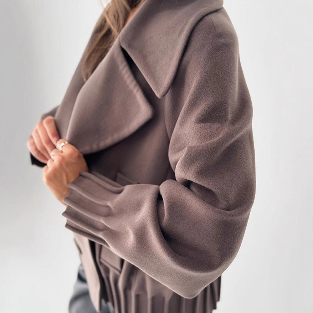 Women's Short Boxy Wool Coat with Oversized Shawl Collar, Double Button Placket and Ribbed Cuff Mune Fashion
