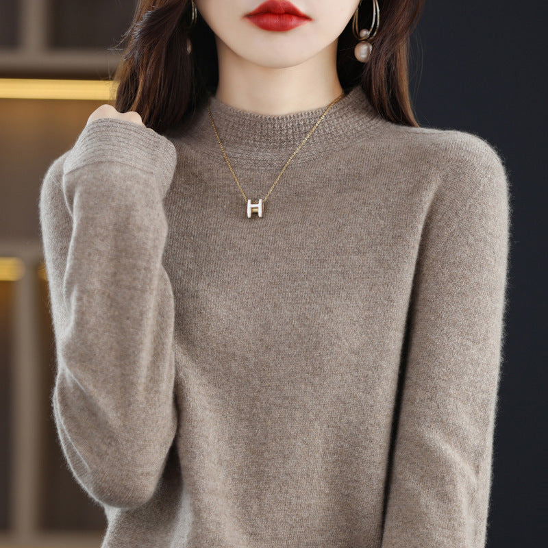 Women Light Fine Knit Mock Neck Sweater with Structured Collar Trim Mune Fashion
