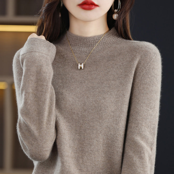 Women Light Fine Knit Mock Neck Sweater with Structured Collar Trim Mune Fashion