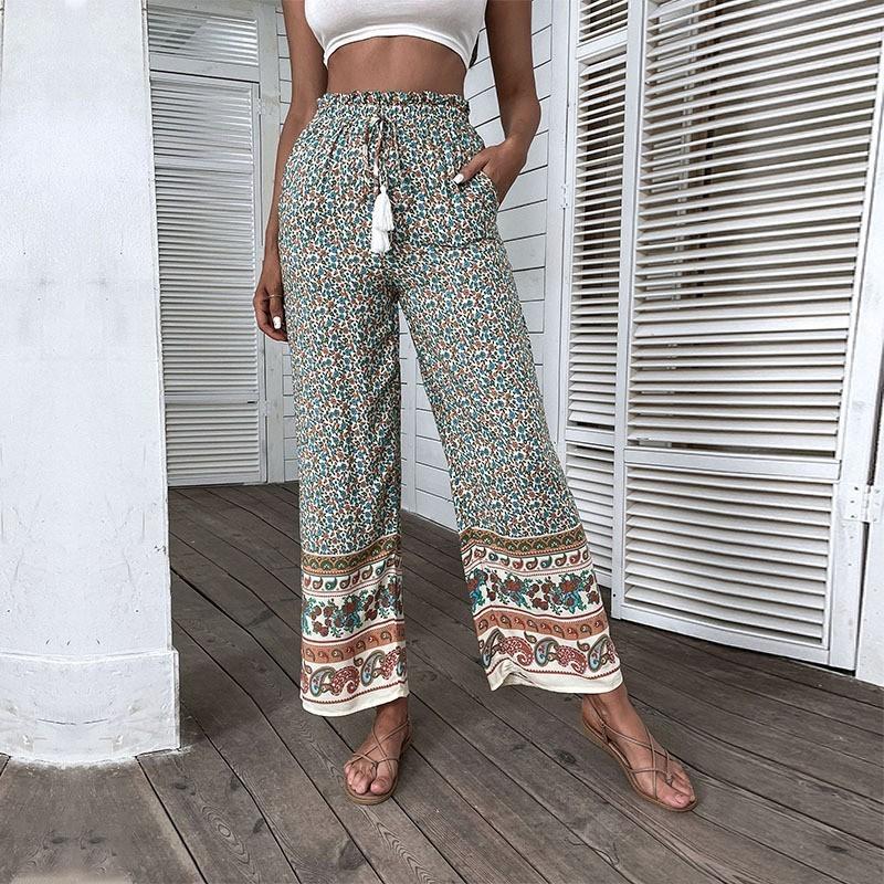 Women's Light Boho Pants with Wide Legs, Elastic Waistband, Tassel Cord, and Border Print Mune Fashion