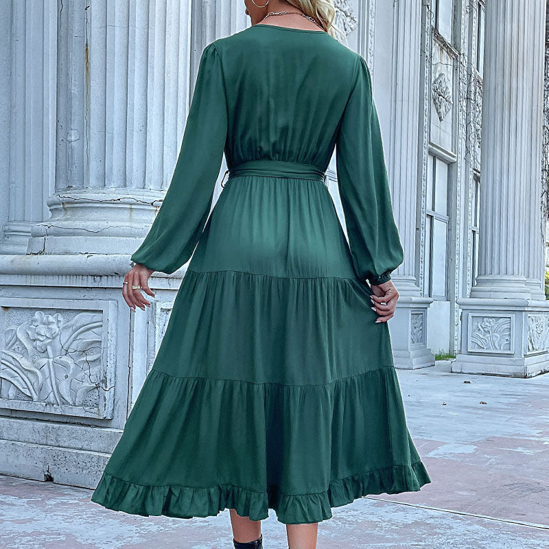 Women's Long Satin Look Tiered Dress with V-Neck, Tied Belt and Ruffle Hem