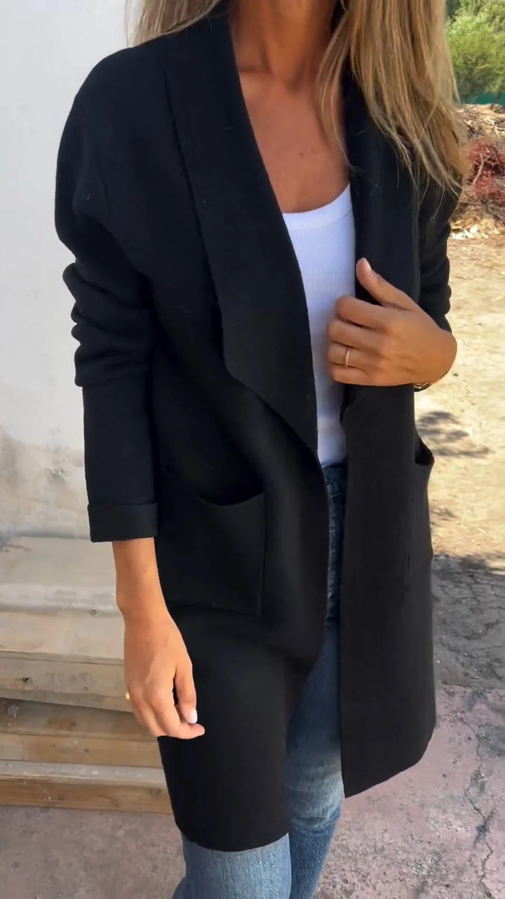 Women Open Long Cardigan Coat with Shawl Collar and Patch Pockets Mune Fashion