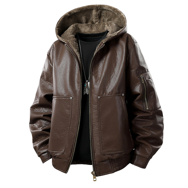 Herren gefütterte Lederoptik-Bomberjacke mit Kapuze und Teddyinnenfutter Mune Fashion