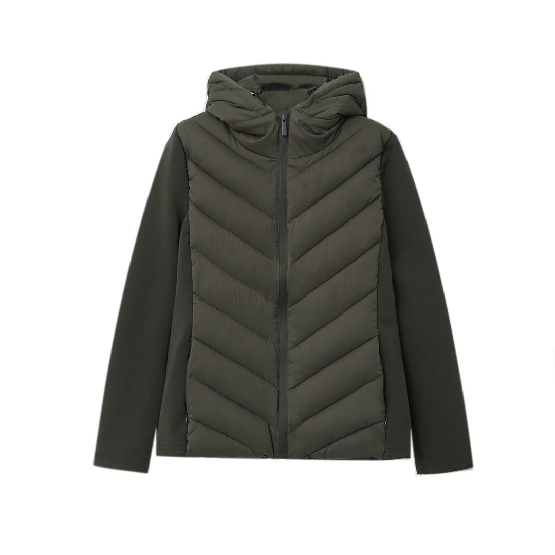 Women's quilted hybrid jacket with hood, chevron quilting and elastic softshell sleeves Mune Fashion