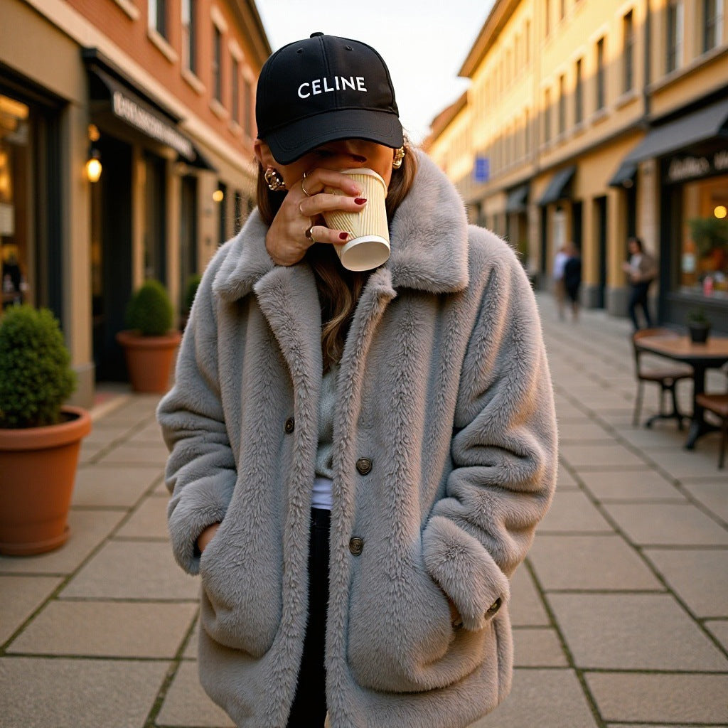 Women's Oversize Faux Fur Coat with Lapel Collar, Patch Pockets and Button Placket Mune Fashion