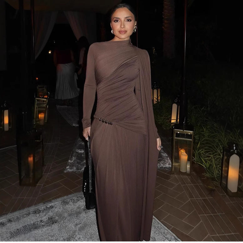 Women's figure-hugging evening dress with asymmetrical draping, gathered bodice and long draped bow Mune Fashion