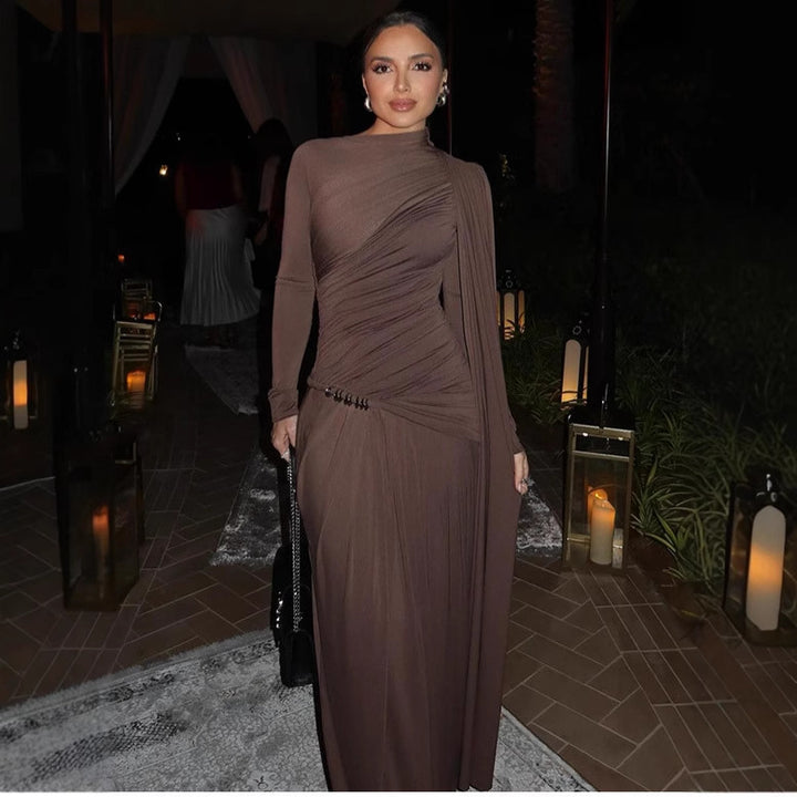 Women's figure-hugging evening dress with asymmetrical draping, gathered bodice and long draped bow Mune Fashion