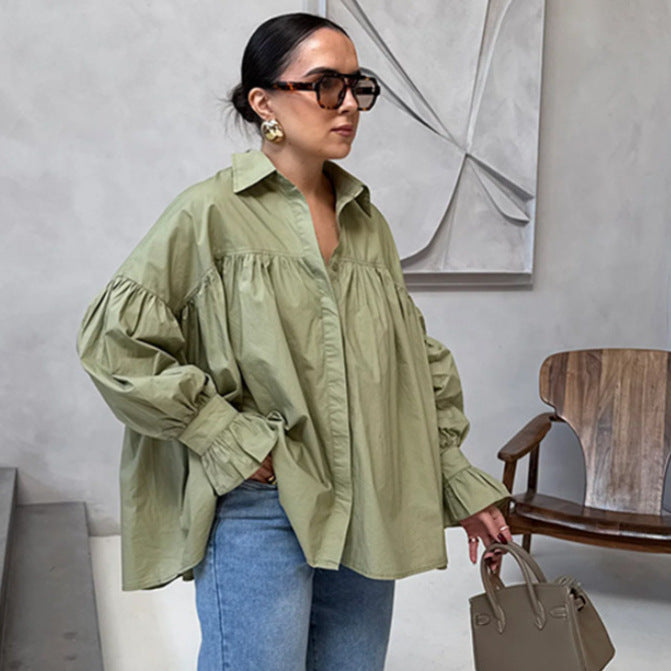 Women nan oversized tunic blouse with concealed button placket, gathered yoke and frill cuff Mune Fashion
