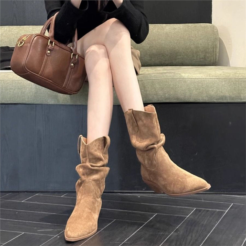 Women's Slouch Cowboy Boots with Pointed Toe and Sculpted Kitten Heel Mune Fashion