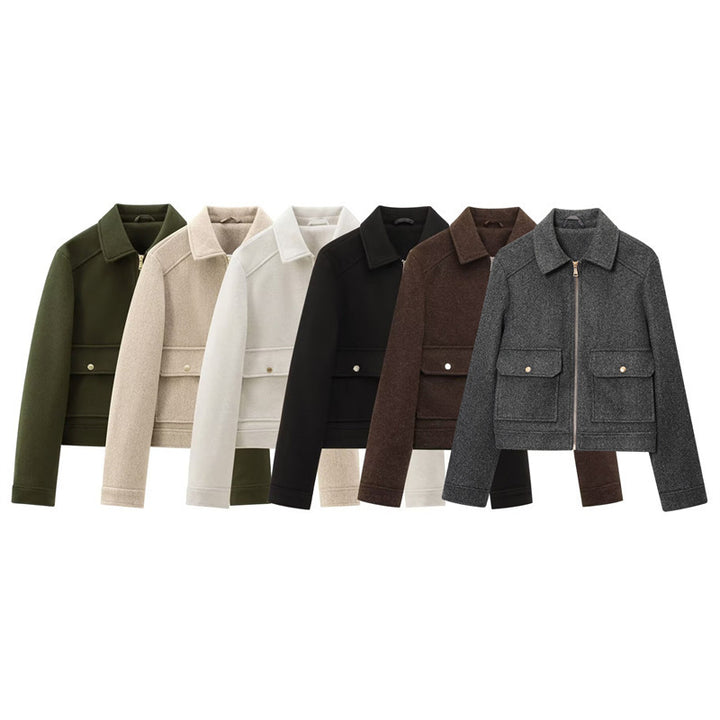 Women nan short tailored tweed jacket with full zip, patch pockets and Kent collar Mune Fashion