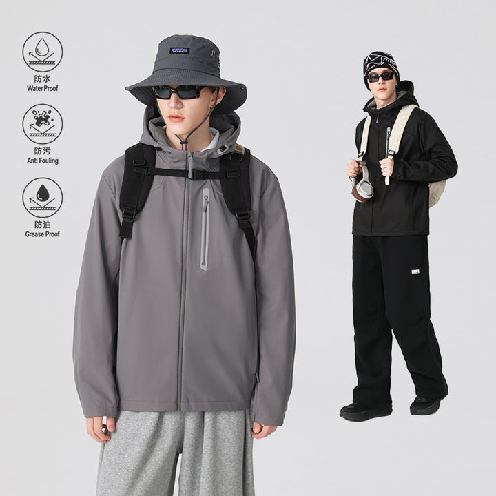 Men's Waterproof Softshell Outdoor Jacket with Adjustable Hood, Welded Zippers and Reflective Chest Pocket Drune