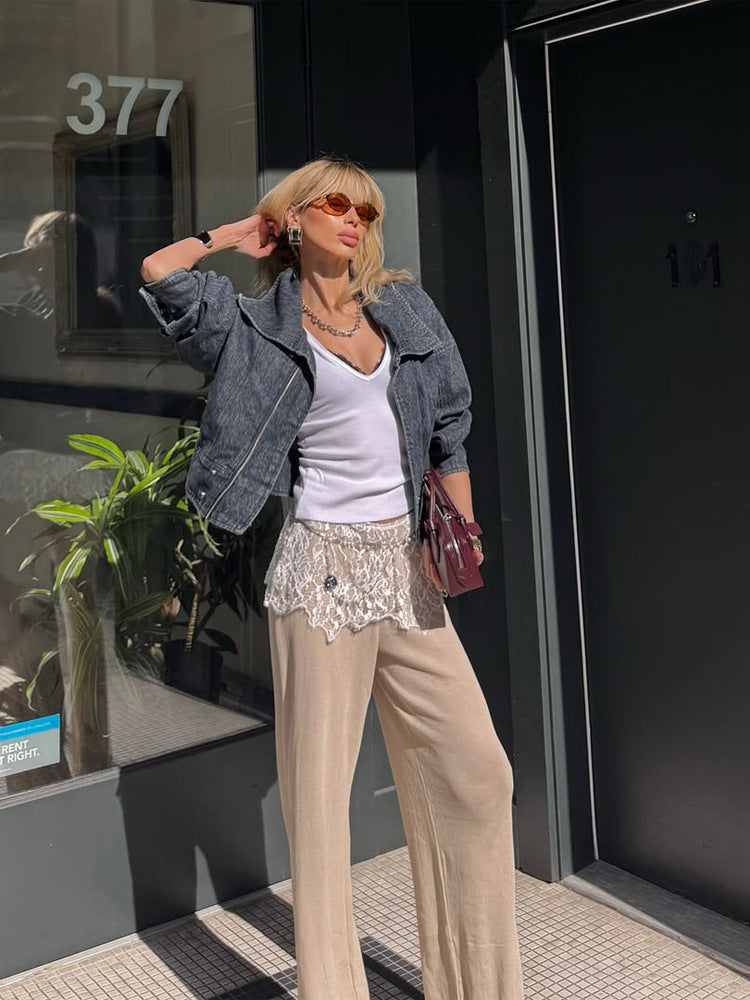 Ladies short-cut jeans jacket in stonewash look with oversized collar and zipper Mune Fashion
