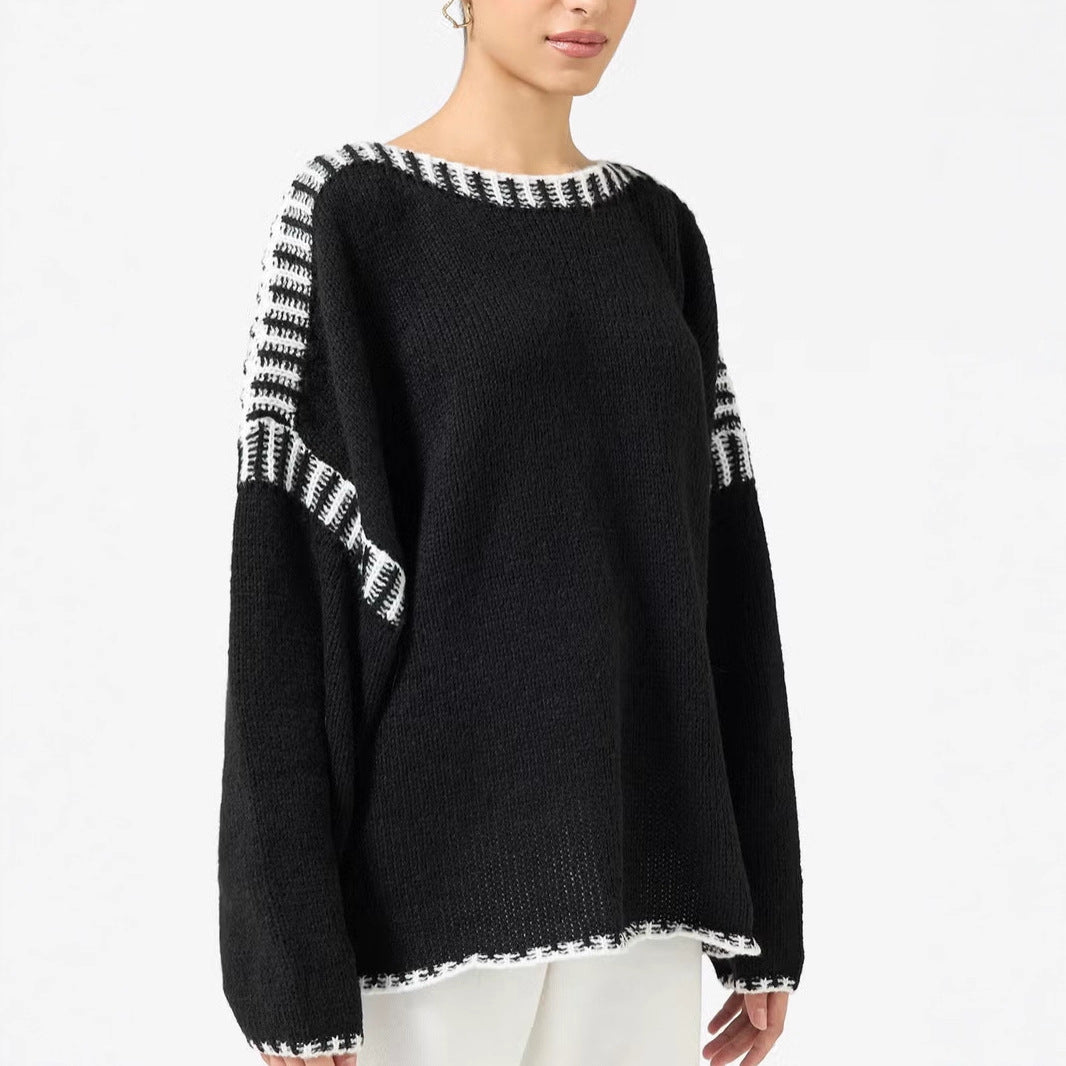 Women Oversize chunky knit sweater with contrast stripes on shoulders and hem