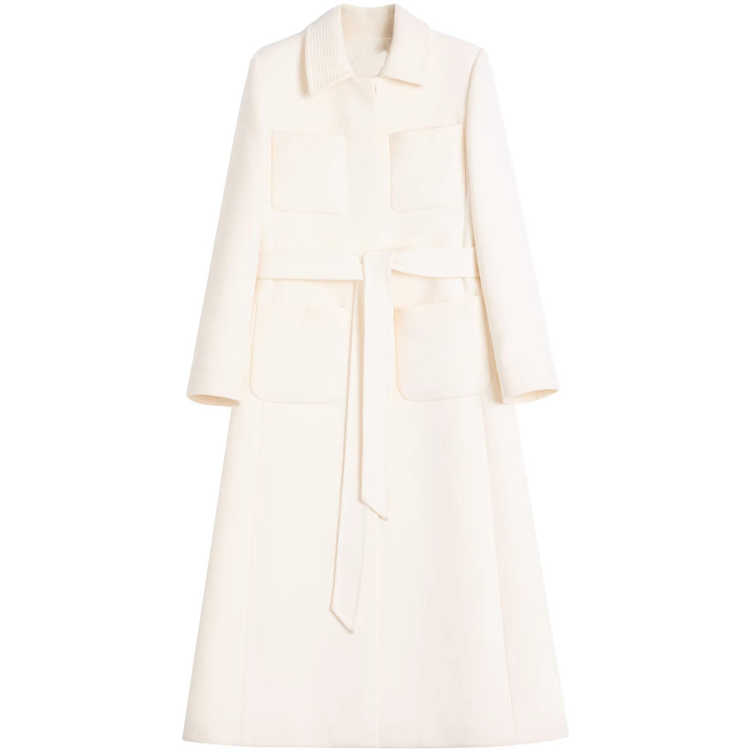 Women's longer tailored wool coat with tie belt and lace trim Mune Fashion