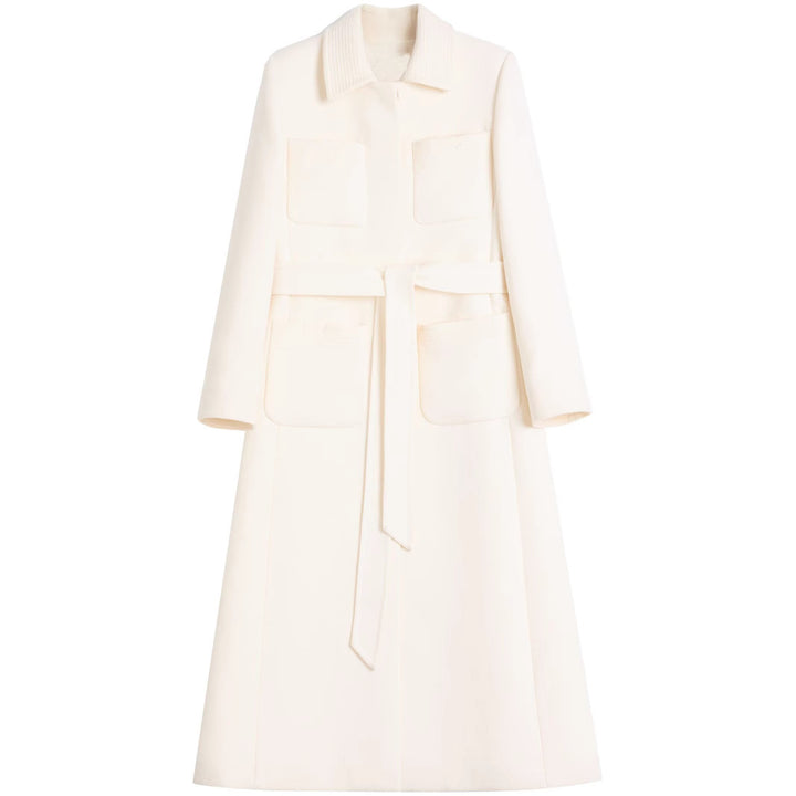 Women's longer tailored wool coat with tie belt and lace trim Mune Fashion