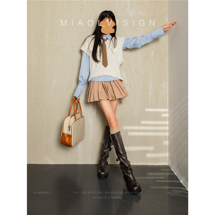 Women's knee-high slouch boots made of synthetic leather with adjustable buckles and textured platform heel Mune Fashion