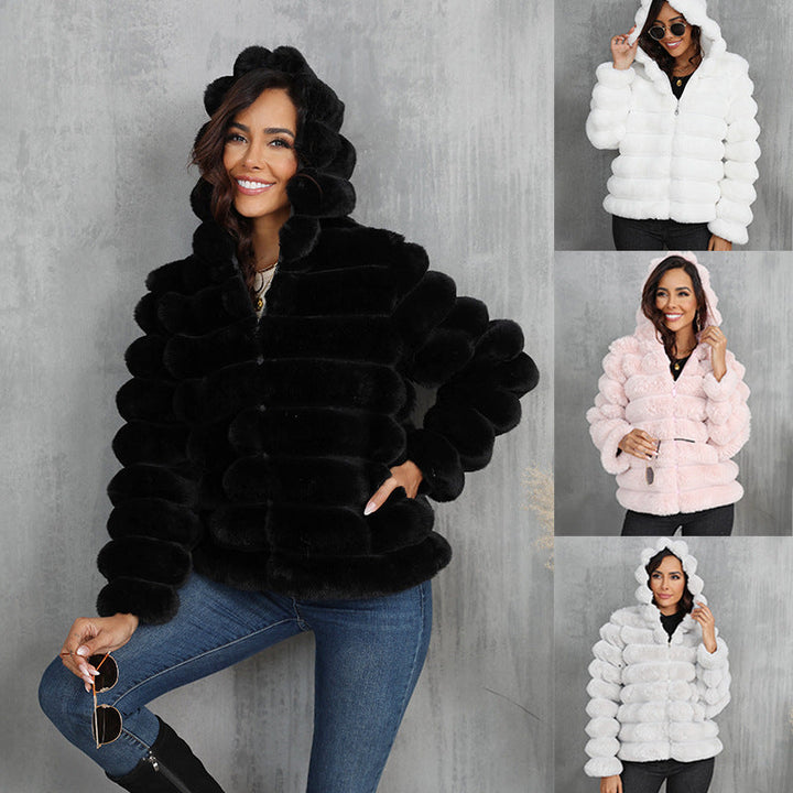 Women's Trendy Hooded Jacket Made Of Faux Fur with Textured Pattern Mune