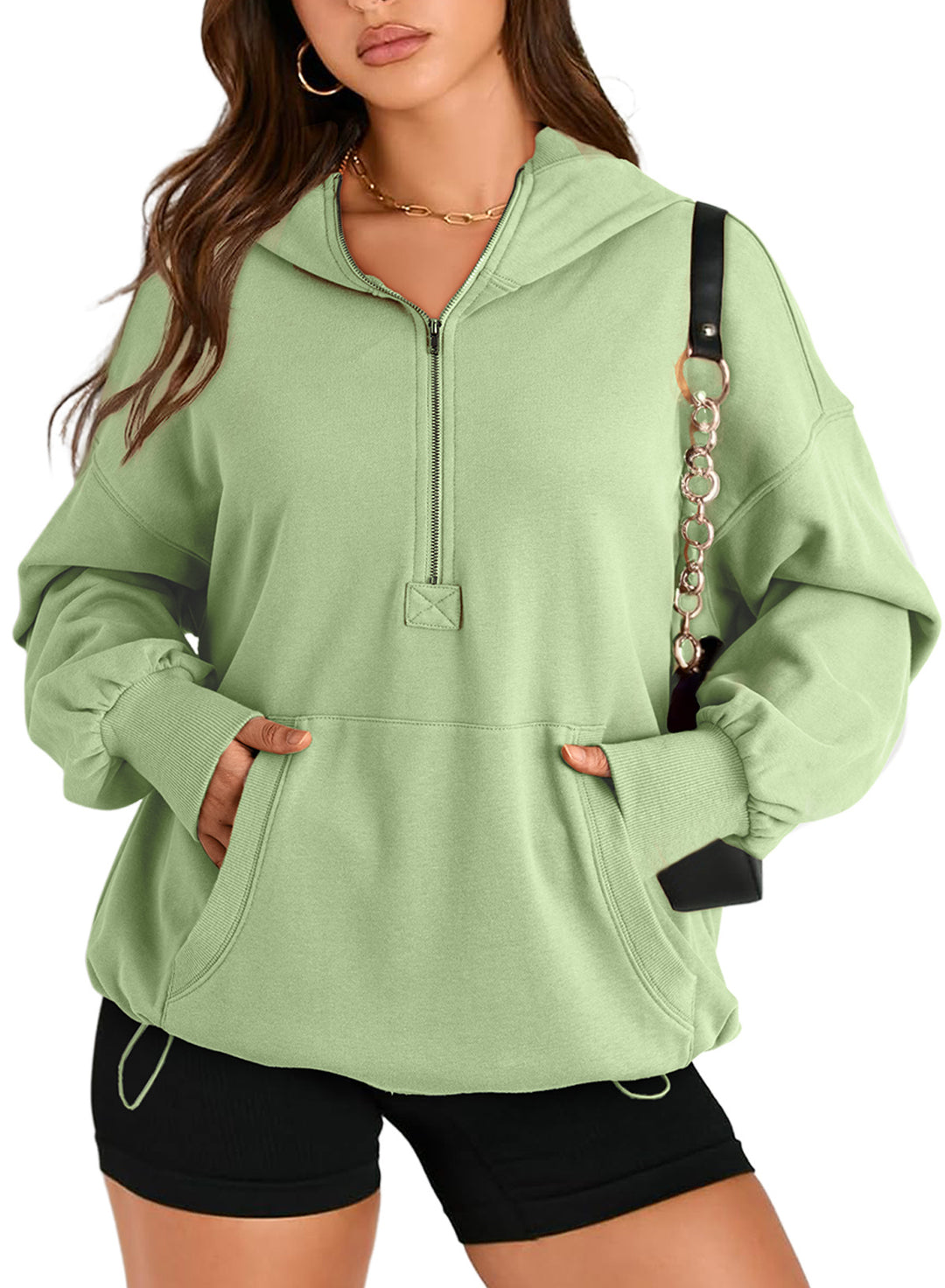 Women's Oversize Half-Zip Hoodie with Drawstring and Kangaroo Pocket Mune Fashion