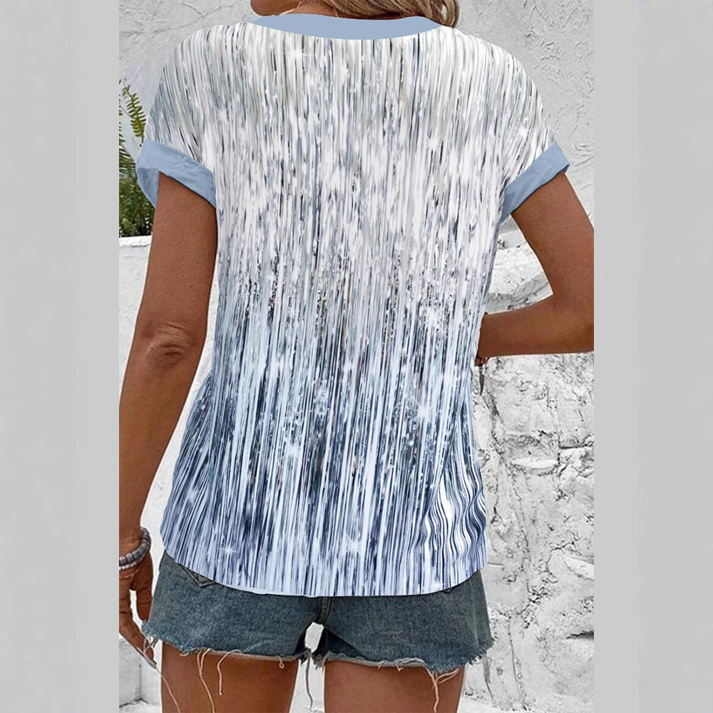 Women's short sleeve blouse with vertical brushstroke print, contrasting button placket and loose hem Mune Fashion