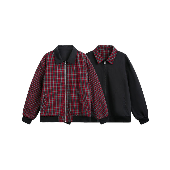 Unisex Reversible Bomber Jacket with Check Lining, Zipper and Ribbed Cuffs Mune Fashion