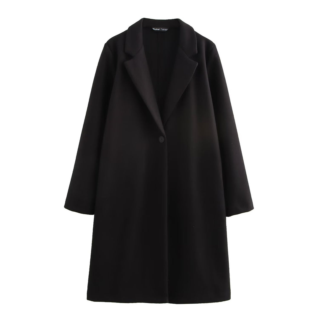 Ladies Purist longline coat with lapel collar, single button closure and soft felt finish Mune Fashion