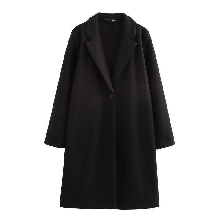 Ladies Purist longline coat with lapel collar, single button closure and soft felt finish Mune Fashion