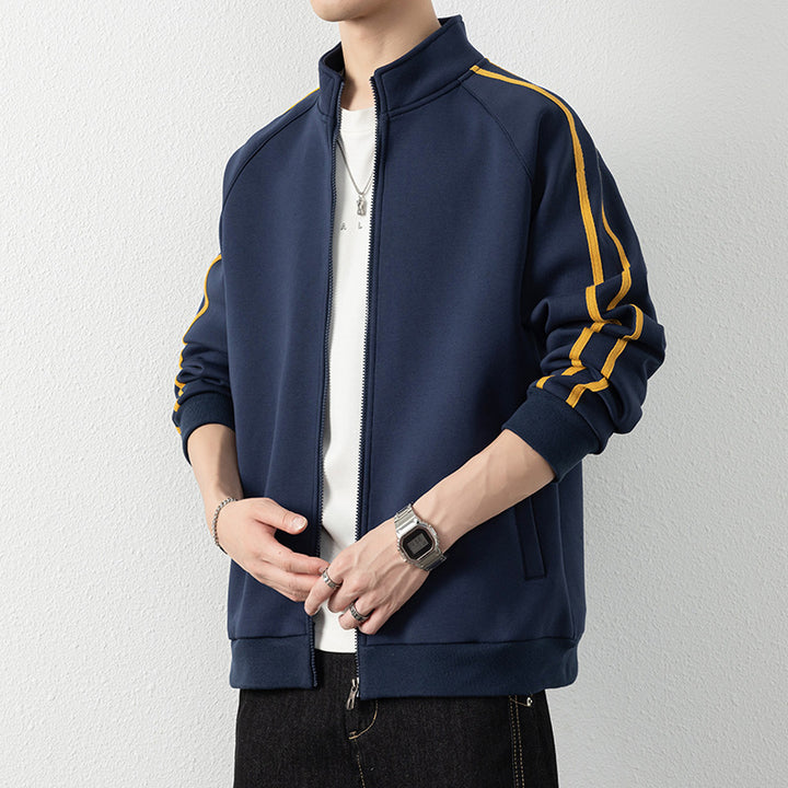 Men's leisure training jacket with stand-up collar, zipper, and contrast stripes Mune Fashion
