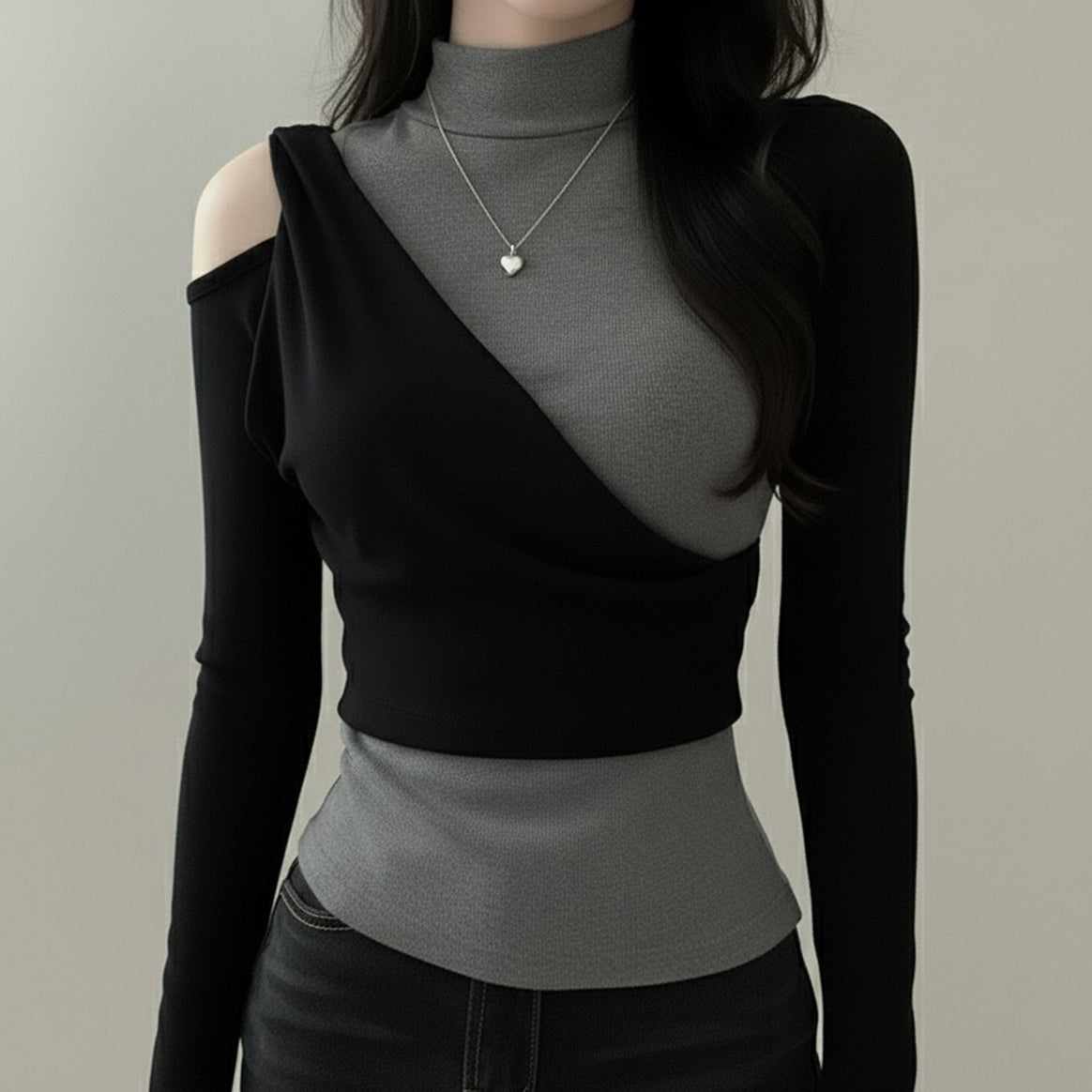Women's Asymmetric Long Sleeve Top with Stand-Up Collar, Cut-Out Shoulder and Layered Look Mune Fashion