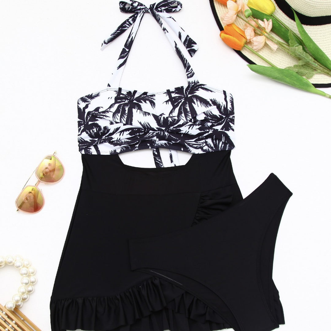 Women's tankini set with elegant wave pattern and cheerful ruffled hem Mune Fashion