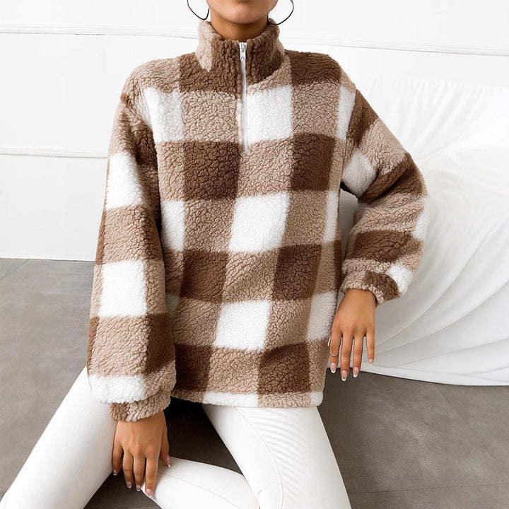 Ladies checked teddy fleece pullover with stand-up collar and half-height zipper Mune Fashion