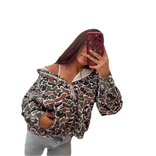 Women's Oversize Hooded Half-Zip Sweatshirt with Lined Hood and Allover Print Mune Fashion