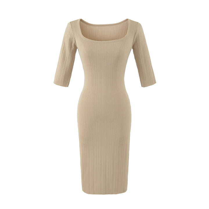 Women's Ribbed Midi Dress with Square Neckline and Three-Quarter Sleeves Mune Fashion
