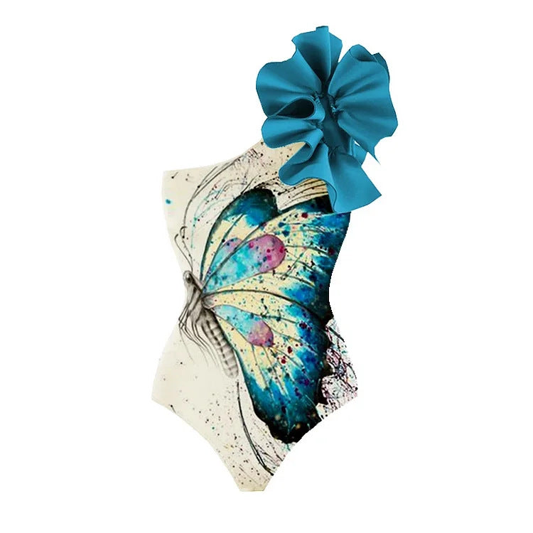 Women One-Sided Swimsuit with Eye-Catching Butterfly Motif and Voluminous Ruffle Element Mune Fashion