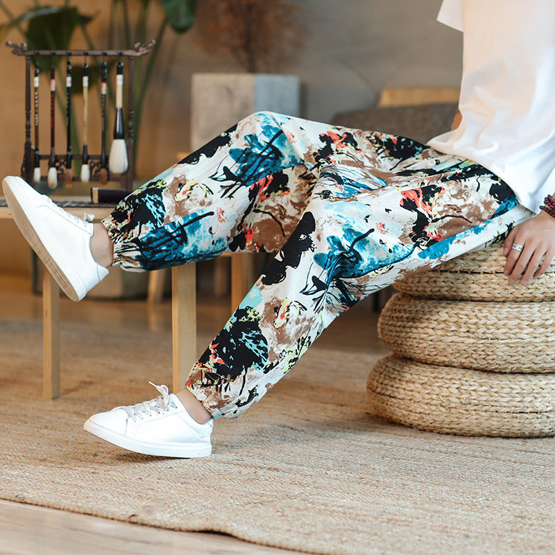 Men's Wide Harem Pants in Boho Print with Elastic Drawstring and Ruffled Anklebands Mune Fashion
