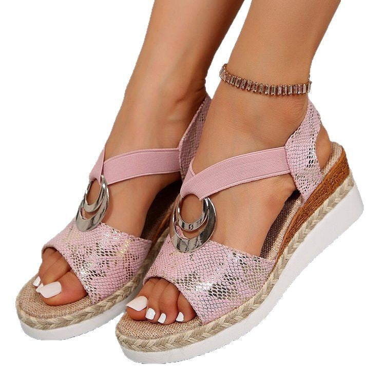 Damen Keil-Sandalen mit Bast-Plateau, elastischem Riemen und Zier-Öse Mune Fashion