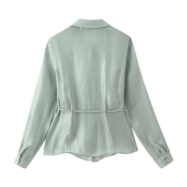 Women's silk-like tailored blouse with tie belt and concealed button placket Mune Fashion