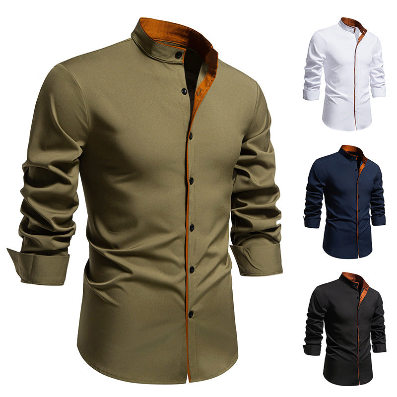 Men's slim fit shirt with stand-up collar, contrasting piping, and stretch cotton blend Mune Fashion