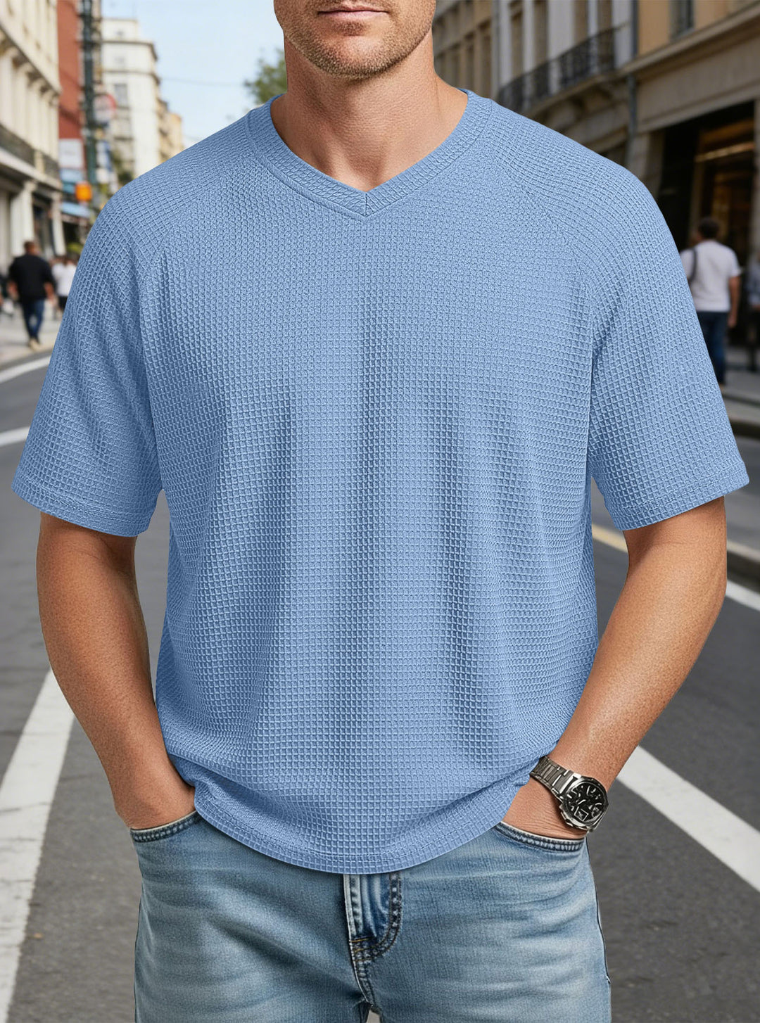 Men's casual V-neck waffle knit T-shirt made of breathable cotton blend Mune Fashion