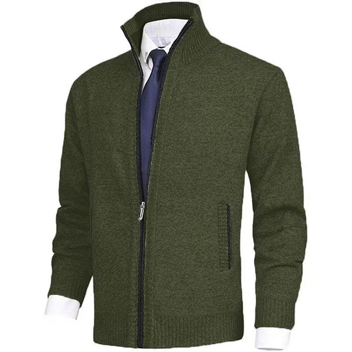 Men's melange knit zip jacket with high stand-up collar, fine texture and concealed side pockets Mune Fashion