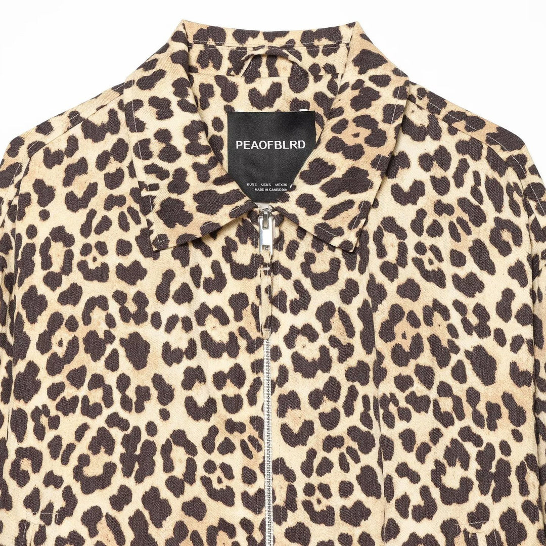 Women's Cropped Bomber Jacket in Oversized Cut with Full Length Zipper and Leopard Print Mune Fashion