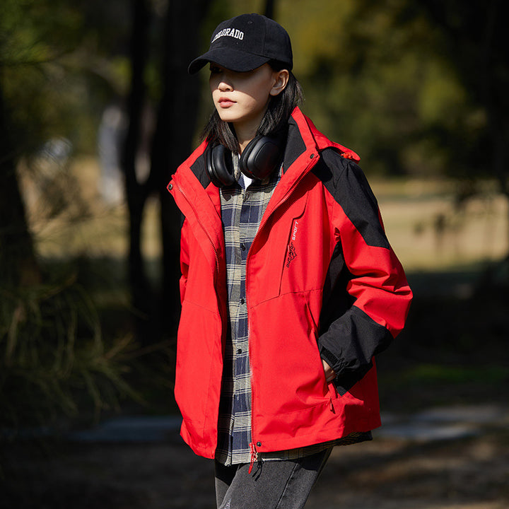 Women two-layer water-repellent outdoor jacket with hood, waist adjustment and contrast piping Mune Fashion