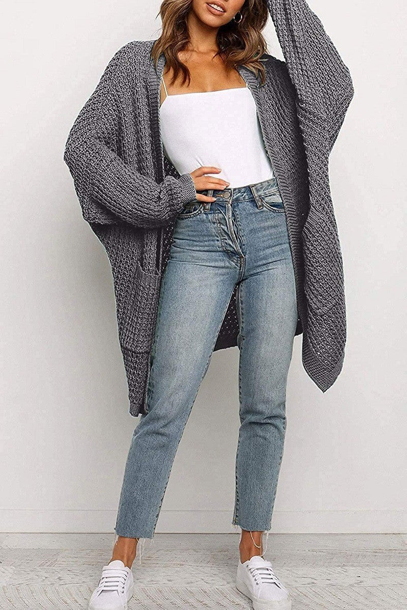 Women Long Oversize Knit Coat with Open Front and Patch Pockets Mune Fashion