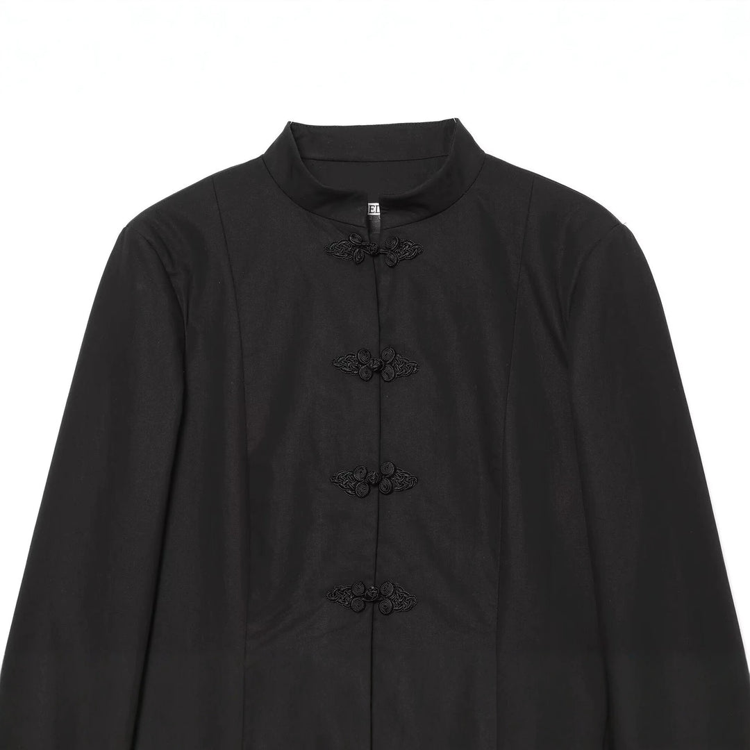 Women's Tailored Short Blazer with Mandarin Stand Collar and Decorative Frog Closures Mune Fashion