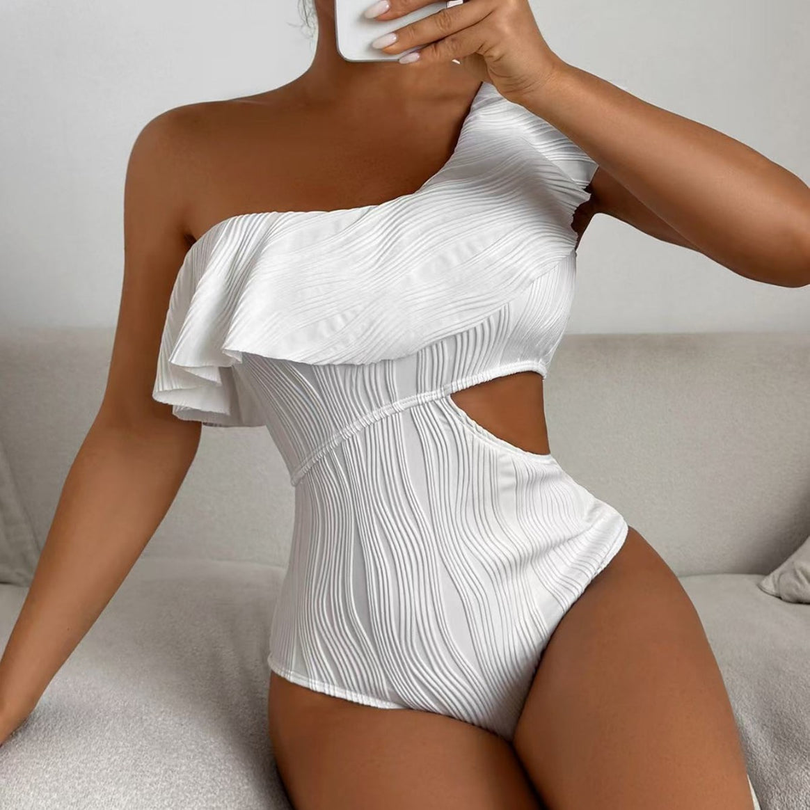 Women's One-Piece Swimsuit with Asymmetrical Cut and Curved Ruffle Details Mune Fashion