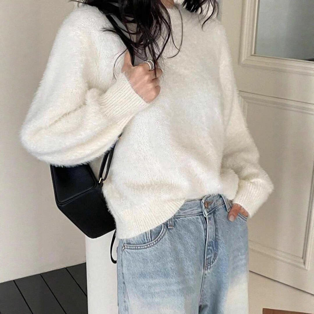 Women's Short Cut Fluffy Sweater with Balloon Sleeves and Round Neckline Mune Fashion