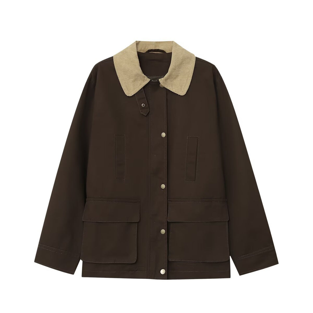 Women's field jacket in parka style with corduroy collar, snap button closure, and patch front pockets Mune Fashion