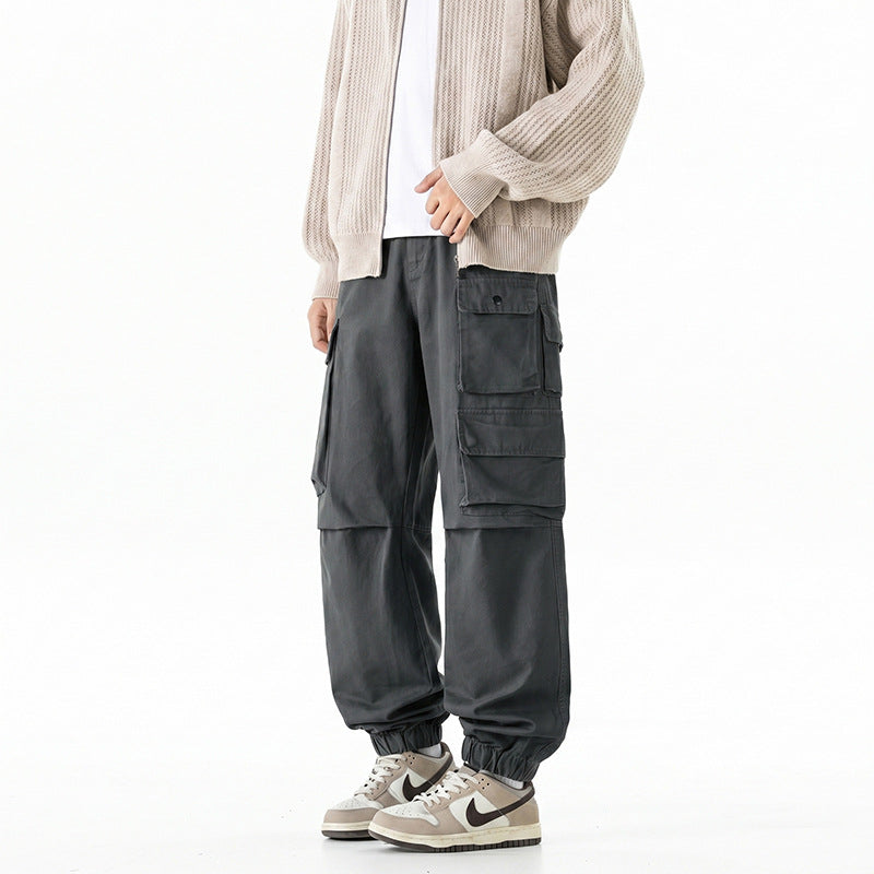 Men's Wide Convertible Cargo Pants in Tactical Street Style with Multiple Flap Pockets and Elastic Ankle Cuffs Drune
