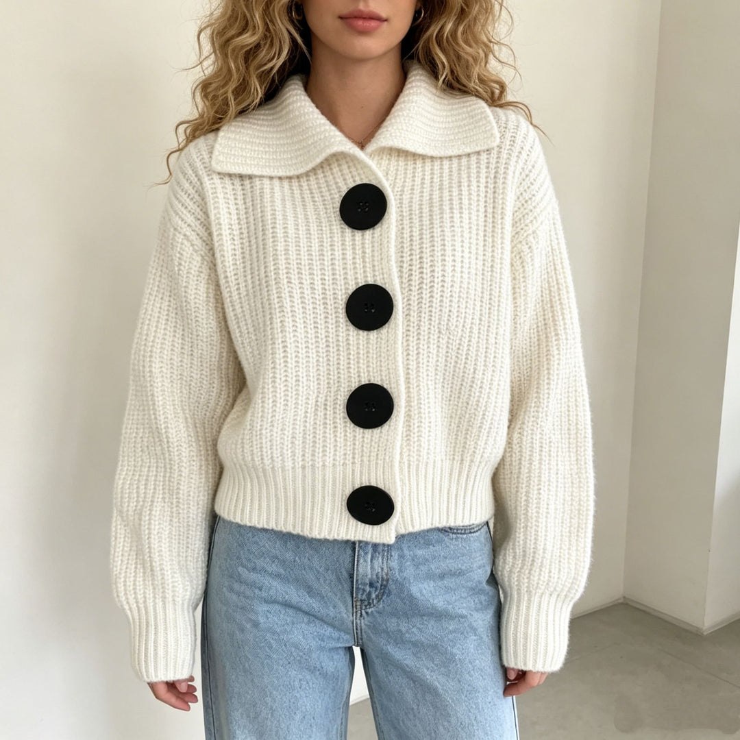 Women Chunky Knit Cardigan with Wide Lapel Collar Mune Fashion